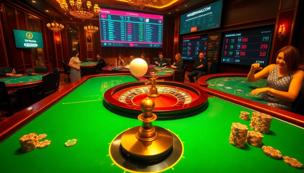 "Experience the thrill of rr88wang.com, where players engage at roulette tables in a vibrant casino setting."