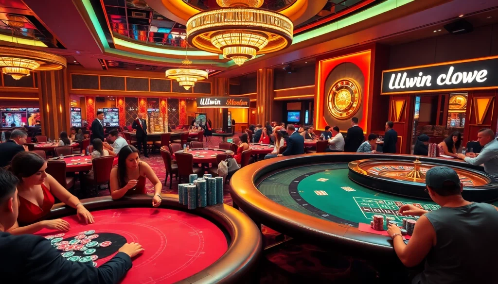 Experience the excitement of LLwin at a vibrant casino with players at poker tables.