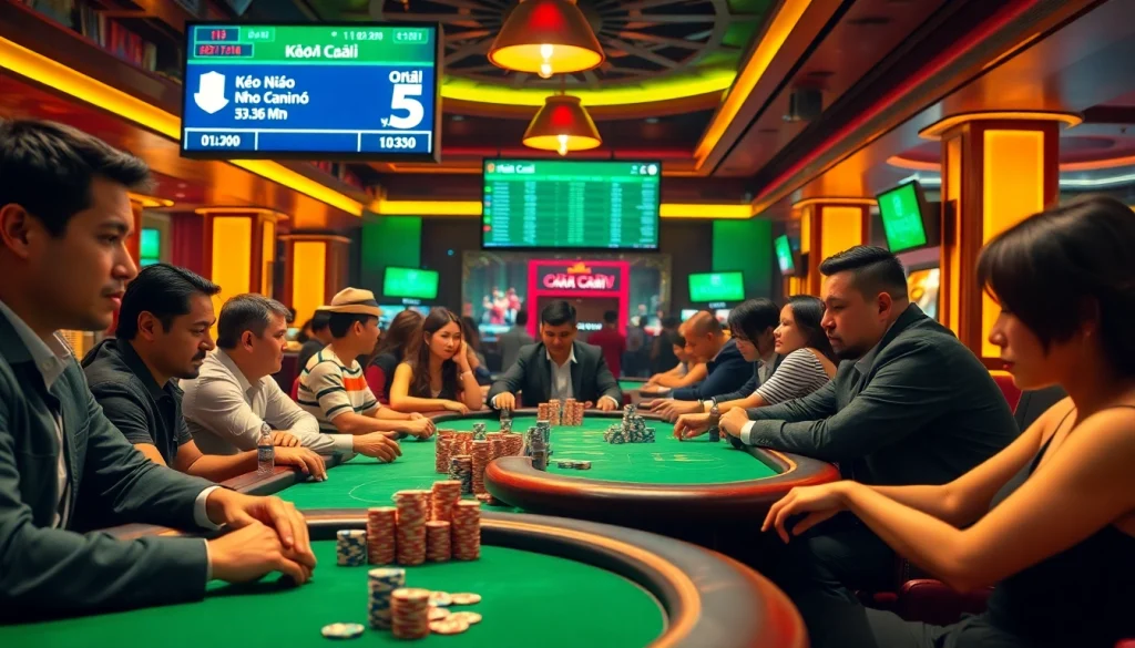 Kèo Nhà Cái 5 enhances the thrill of poker, highlighting a vibrant casino atmosphere with lively players and chips.