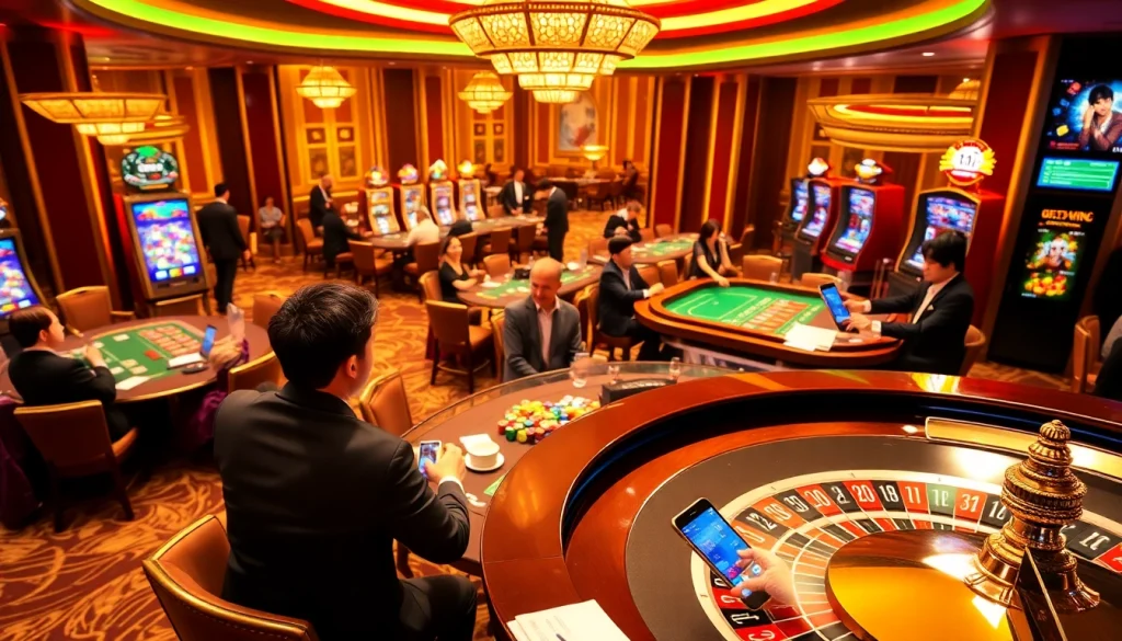 13WIN casino players enjoying exciting table games with vibrant chips and lit slot machines in the background.