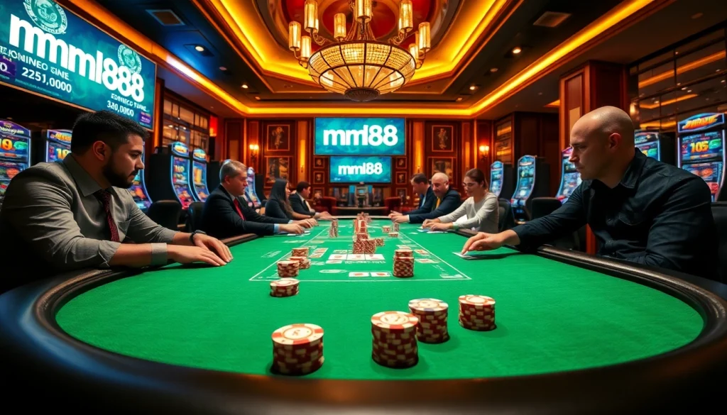 mm88 ignites the thrill of high-stakes poker with players, chips, and cards in an elegant casino setting.
