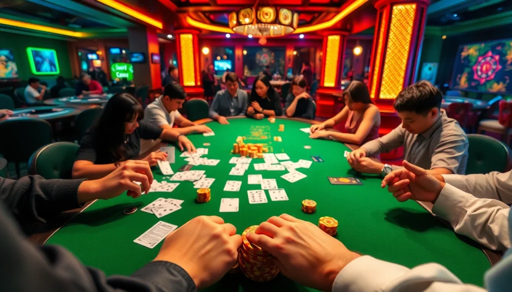 Players enjoying a high-stakes game of Bài xì dách with gripping atmosphere.